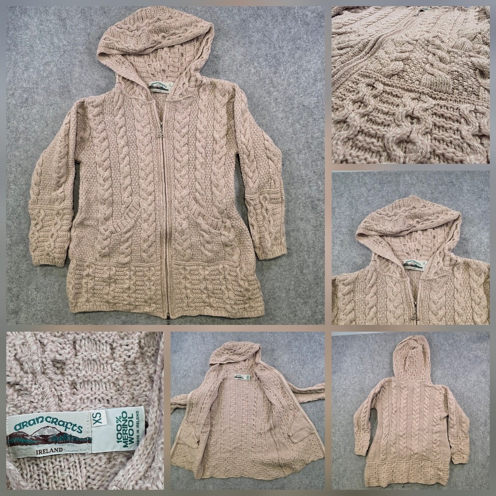 Aran Crafts Sweater‎ Womens XS Beige Hooded Full Zip Irish Merino Wool Cableknit